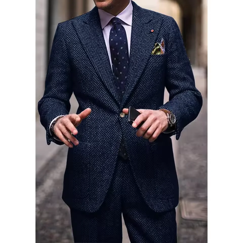 Costume deux pièces à chevrons pour hommes, revers cranté, simple boutonnage, coupe cintrée, taille 