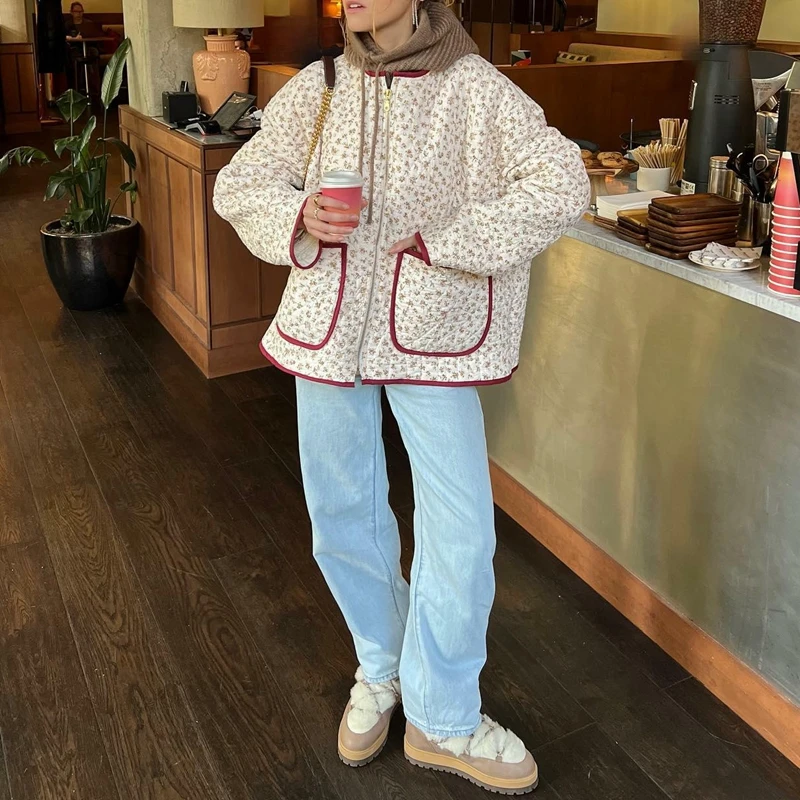 Women Spring and Autumn Jacket Round Neck Long Sleeve Zip Front Aesthetic Floral/Platform Print Jacket Down Jacket Warm Clothing