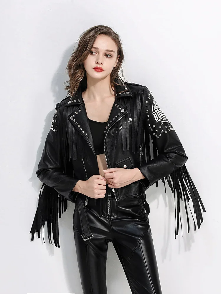 PU Leather Rivet Tassel Jacket Women Streetwear Slim Short Zipper Punk Grunge Leather Jackets Locomotive Coats Female Clothing