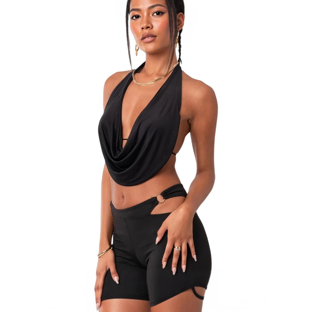 Cross-Border New Style Spring Summer Sexy Deep V-Neck Backless Strap Women's Pure Color Hanging Neck Strap Punk Style Short S...