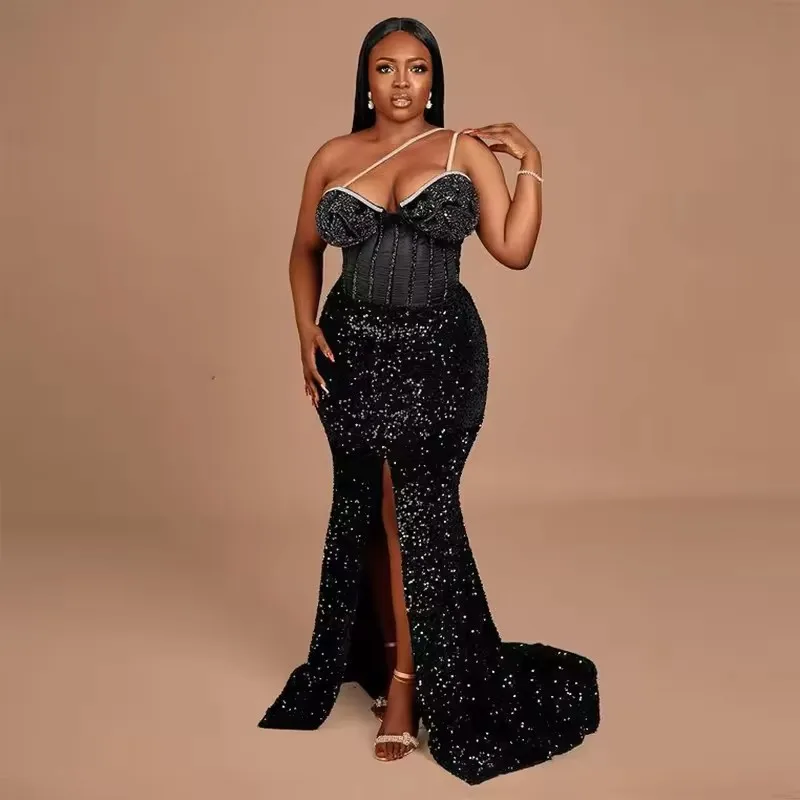 Black Sequined Prom Dress 2025 Aso Ebi Style One Shoulder Front Slit Evening Gown African Formal Party Wear with Sweep Train