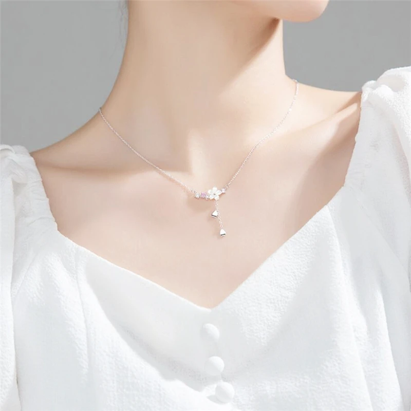 Sole Memory Shell Flowers Zircon Tassels 925 Sterling Silver Female Necklace For Women Jewelry Party Birthday Gift NE601