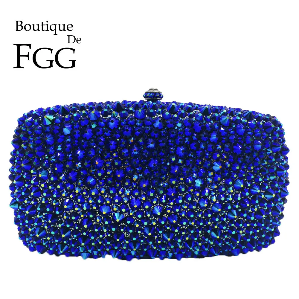 Boutique De FGG Women Blue Crystal Evening Clutch Purse and Handbag with Spikes Wedding Diamond Metal Clutches Minaudiere Bag