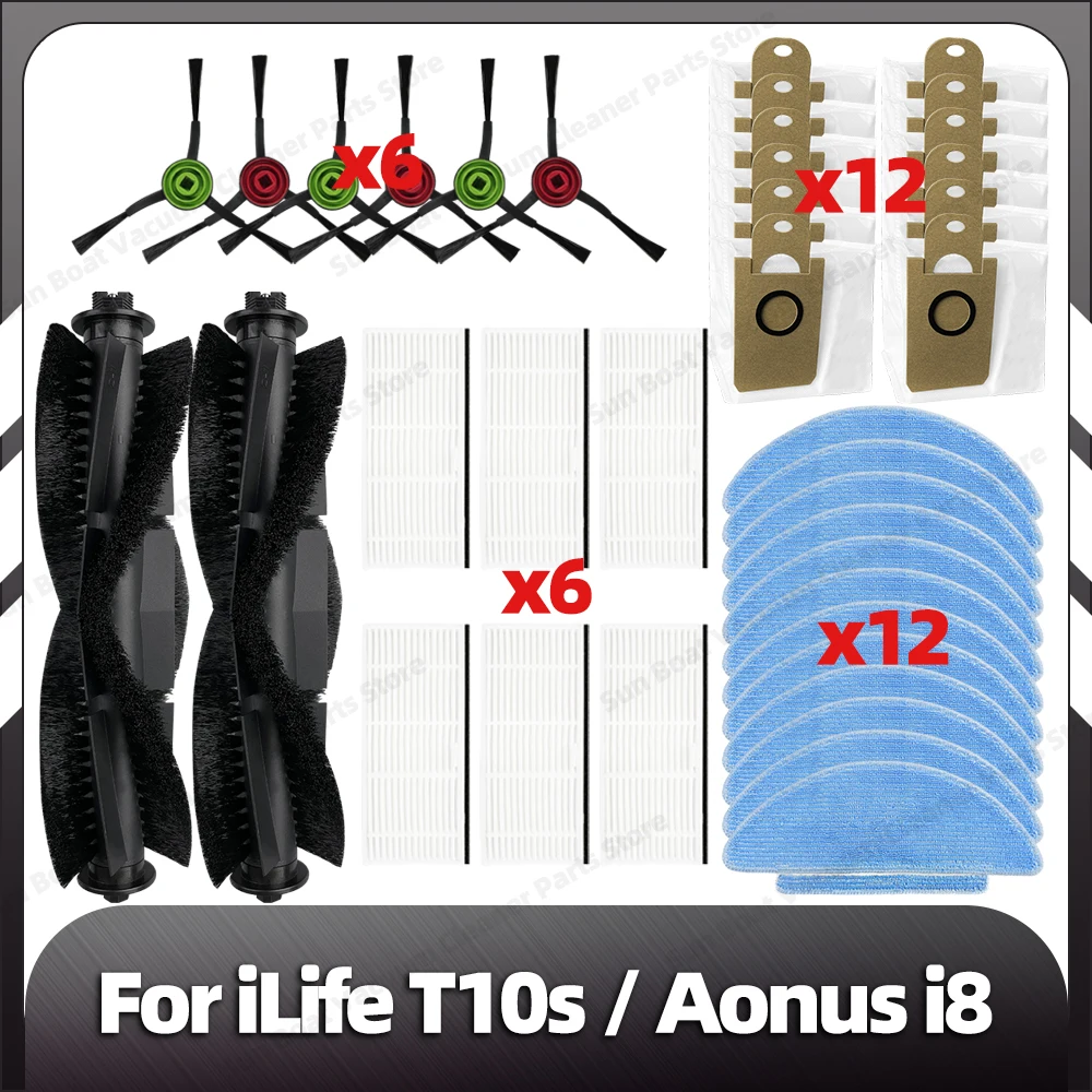 Compatible for iLife T10s / Aonus i8 Replacement Main Side Brush HEPA Filter Mop Pad Dust Bags Spare Part Accessories