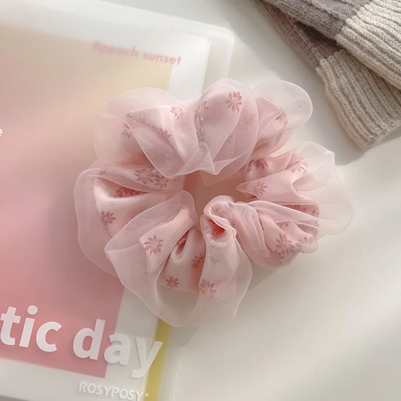 Scrunchies de Organza de seda de doble capa, banda para el cabello de flores dulces para niñas, soporte para cola de caballo, bandas de goma, lazos para el cabello, accesorios para el cabello