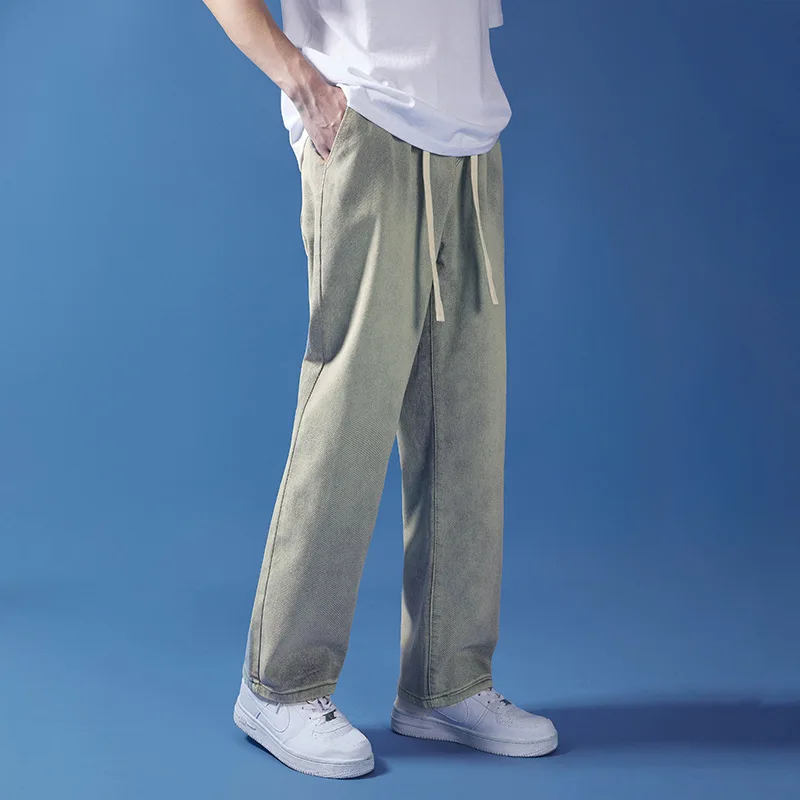 TRSYPHXM 2025 new Wide leg jeans men's summer Korean version casual, simple, trendy, loose drawstring straight leg long pants