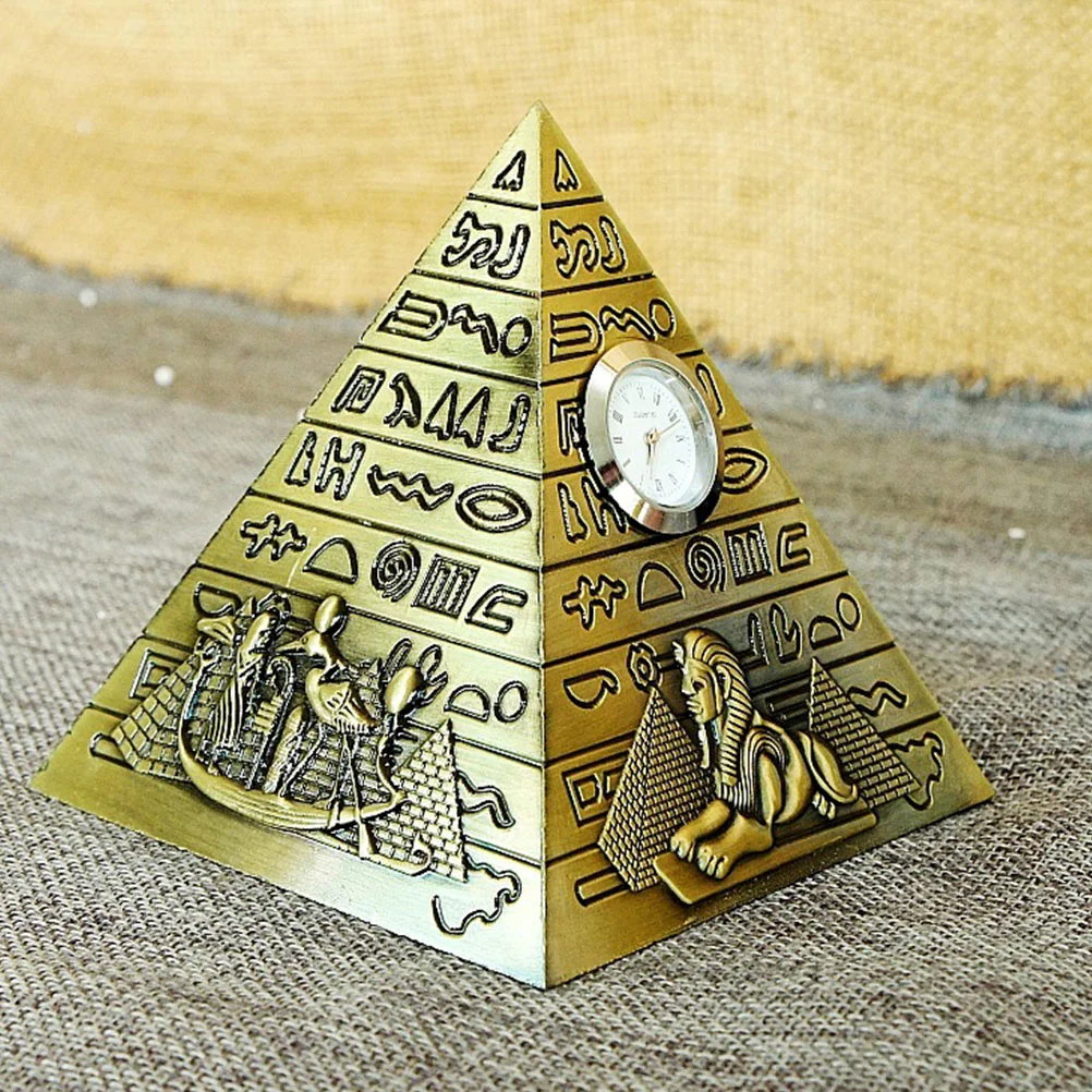 Desktop Adornment Living Room Decor Ornaments Metal Egyptian Style Pyramid with Clock