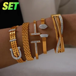 Belt Design Trendy Stainless Steel Zirconia Bracelet For Women Vintage Shiny Surface Bangle Luxury Jewelry