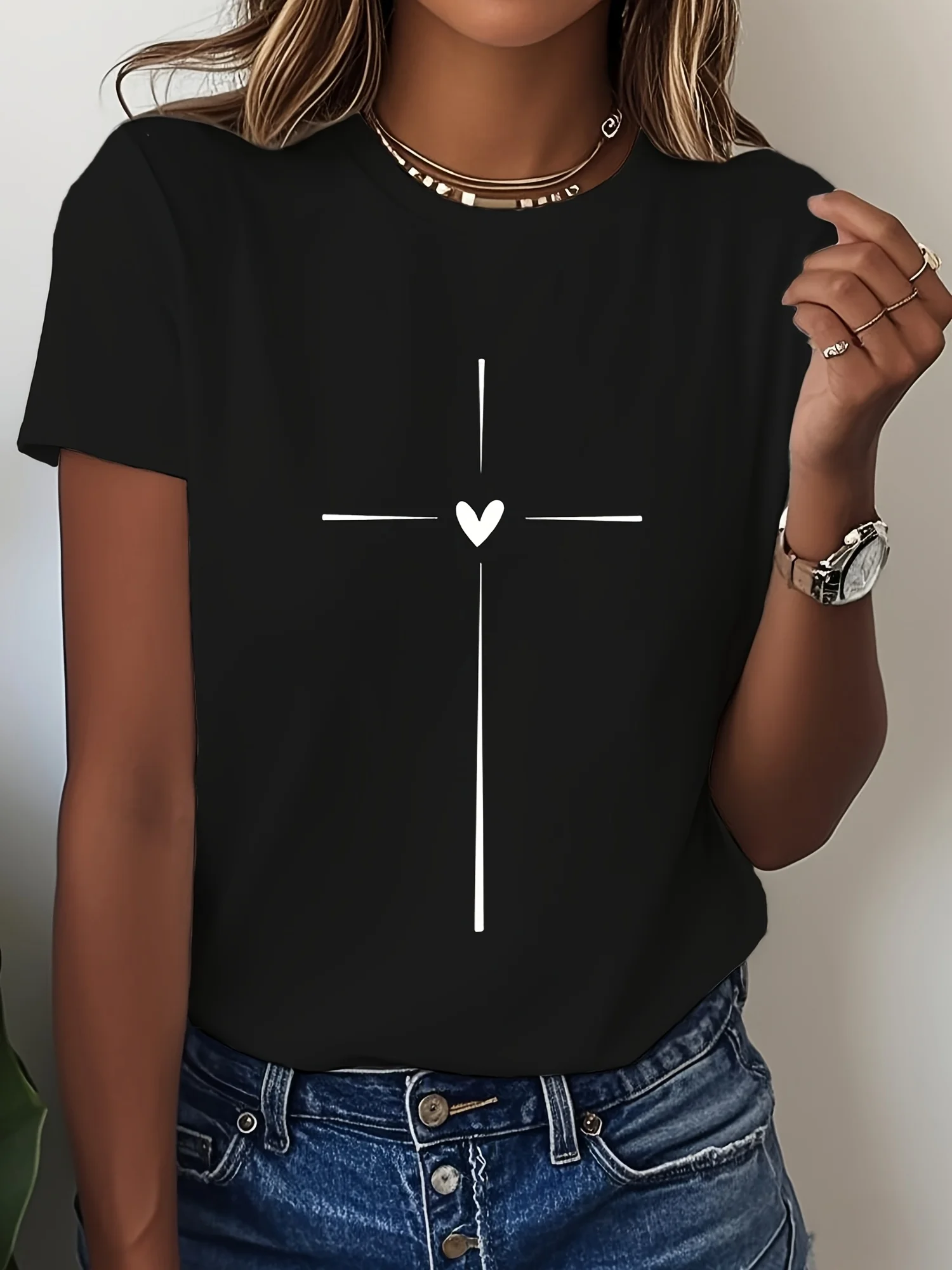 

Cross Love Printed Casual Round Neck Short Sleeved T-Shirt for Women Loose Casual Short Sleeved Top for Spring And Summer