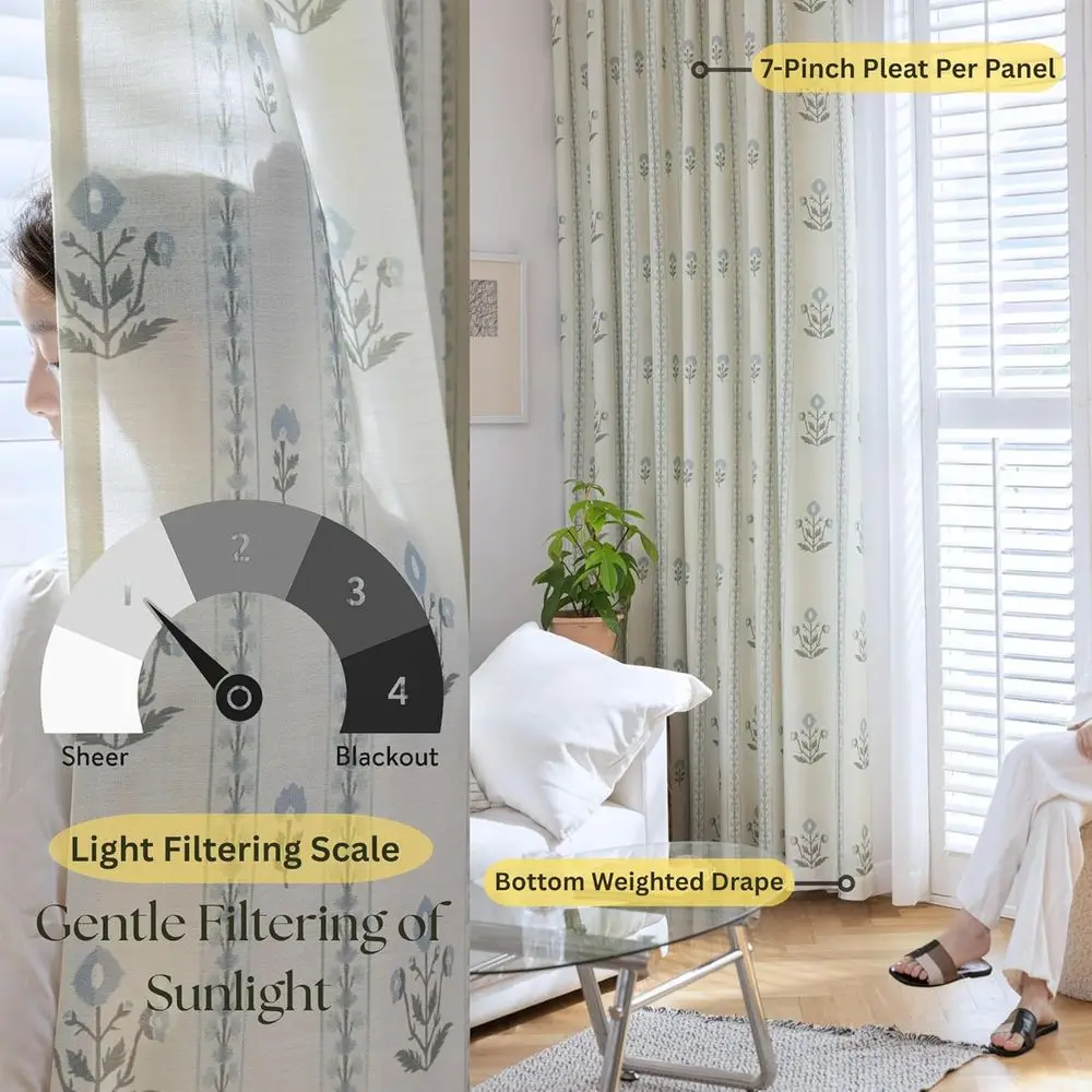 ستائر أنيقة بطيات من مزيج الكتان الزهري - تصفية خفيفة، لوحتين، أبيض عتيق، 30 × 108