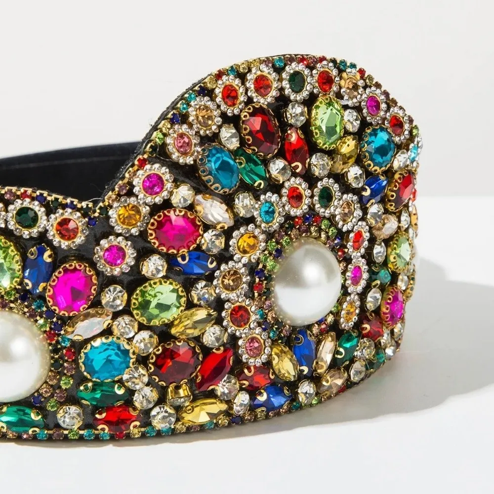 

Retro Exaggerated Rhinestone Headbands Wide Full Diamond Pearl Crown Headband Colorful Super Flash Hair Band Hoop Hair Accessory