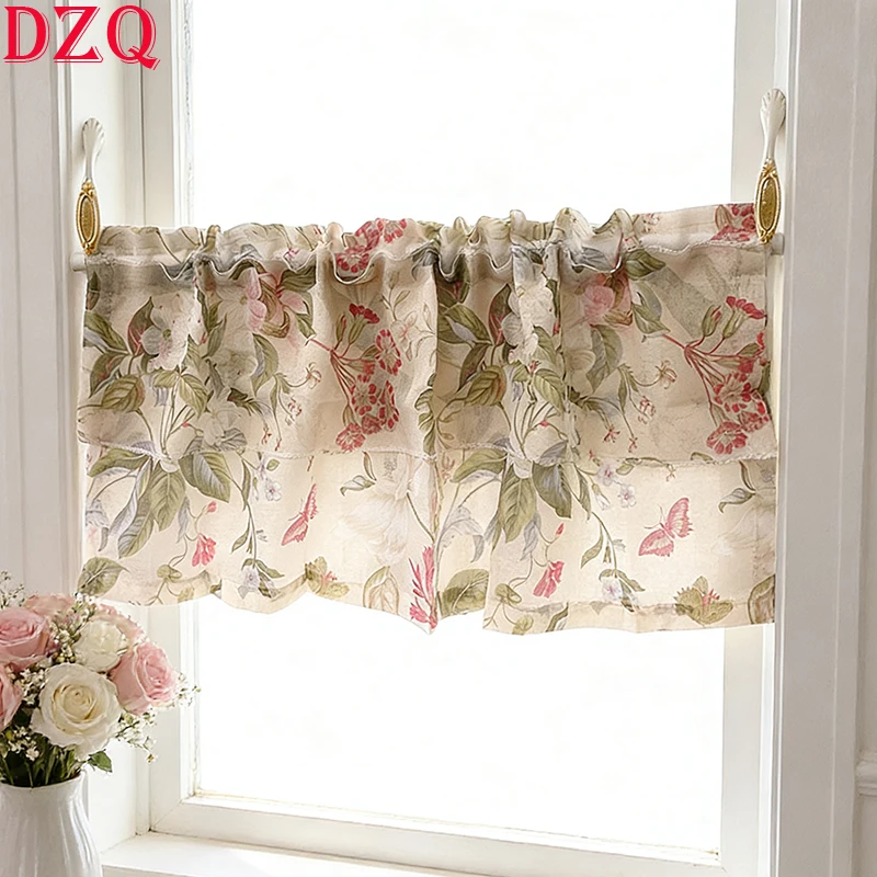 

Korea Style Pastoral Tulle Floral Half Curtains Vintage Lace Short Kitchen Windows Decor American Country Home Clearance #A680