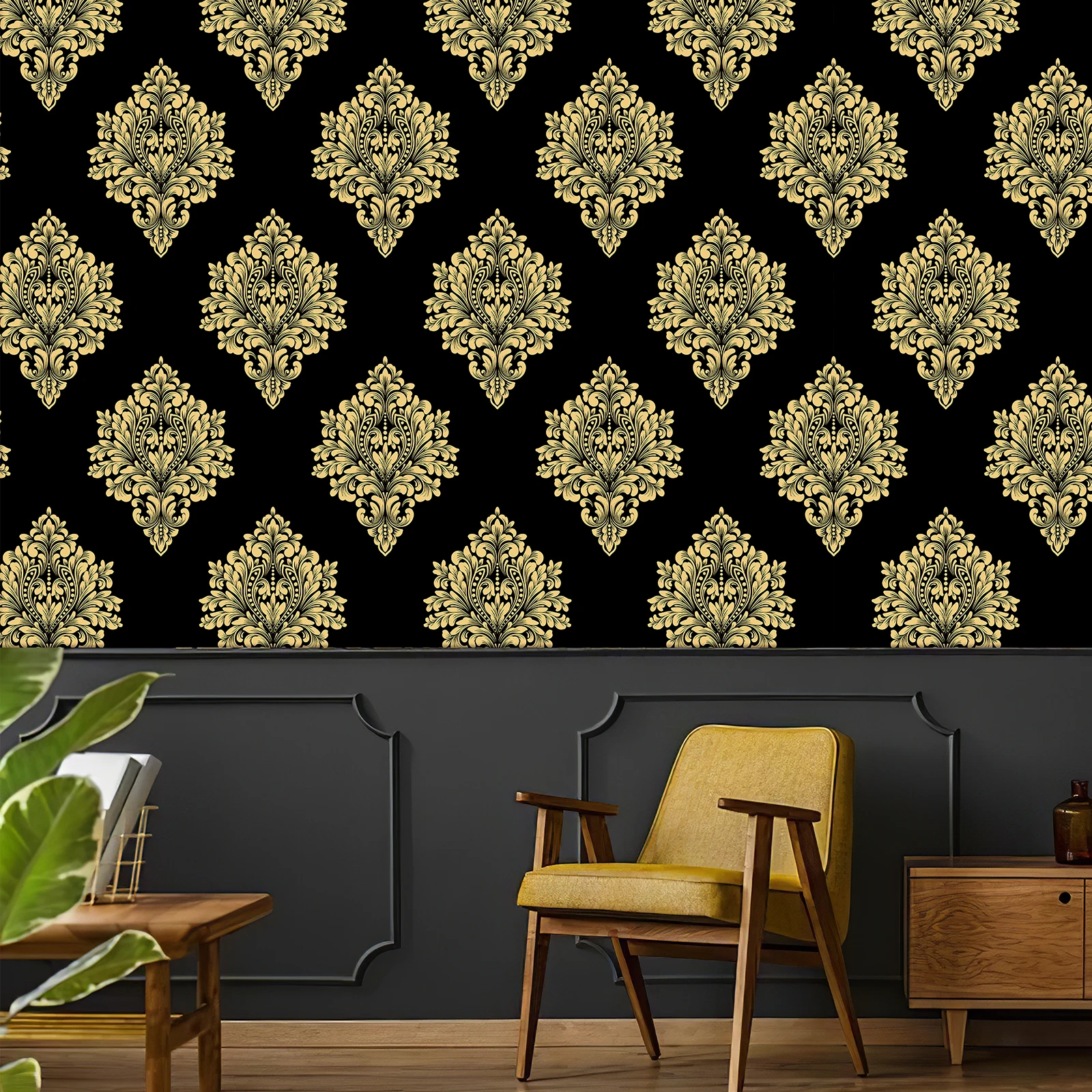 Retro Black Gold Damascus PVC Wallpaper Vintage Peel And Stick Vinyl Wall Decor Refrigerator Furniture Cabinet Sticker