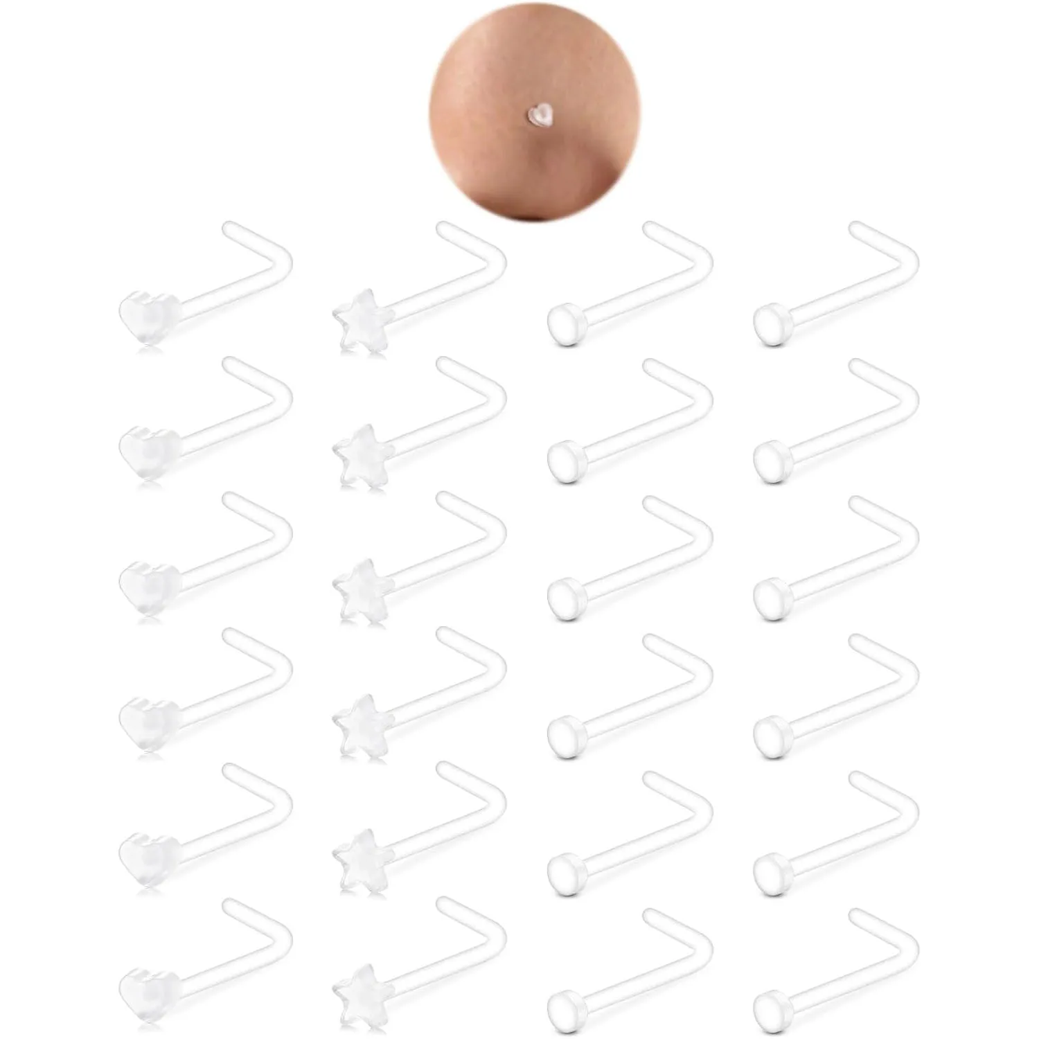 Star Heart 18G 20G Clear Nose Studs for Work L Shaped Plastic Piercing for Surgery Sport Small Tiny Invisible Nostril Retainer