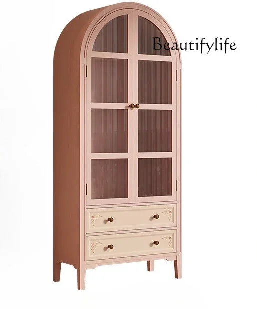 

Pink hand-painted arched glass dust-proof bookcase living room study home display locker