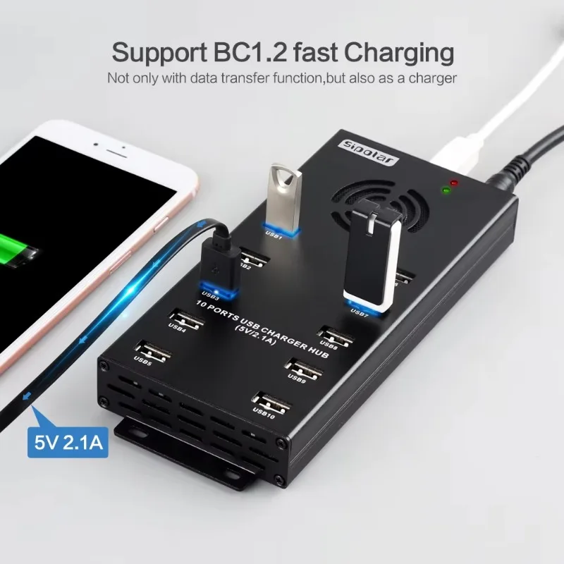 Aluminum Shell Multi Usb Port  High Speed Usb Charging 12v Powered 10 Usb Hub Charger and Syncs