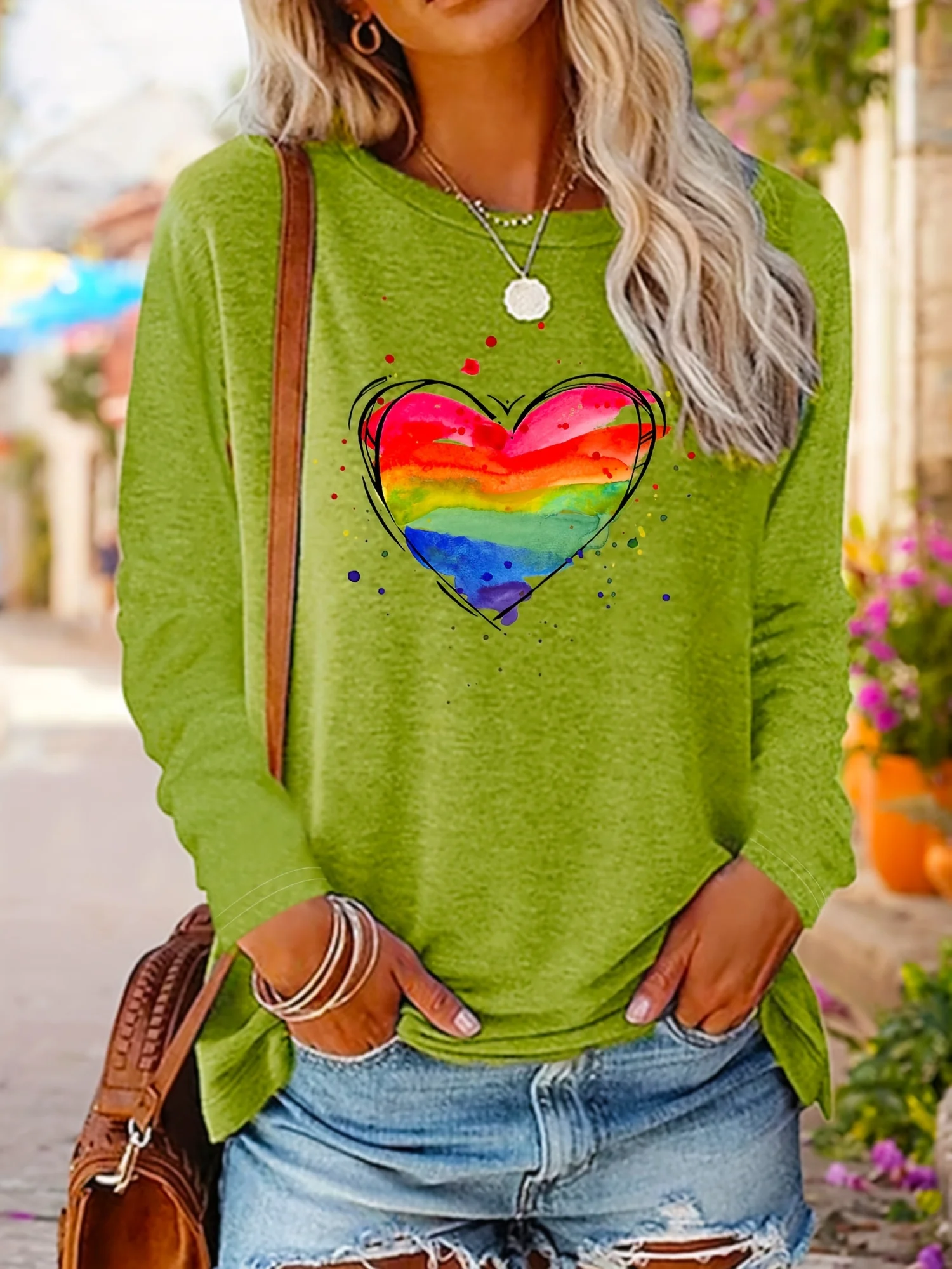 New Rainbow Colour Heart Print Women's T-shirt Graphic Shirts Long Sleeve Blouse Crop Top Plus Size Women's Clothing Female