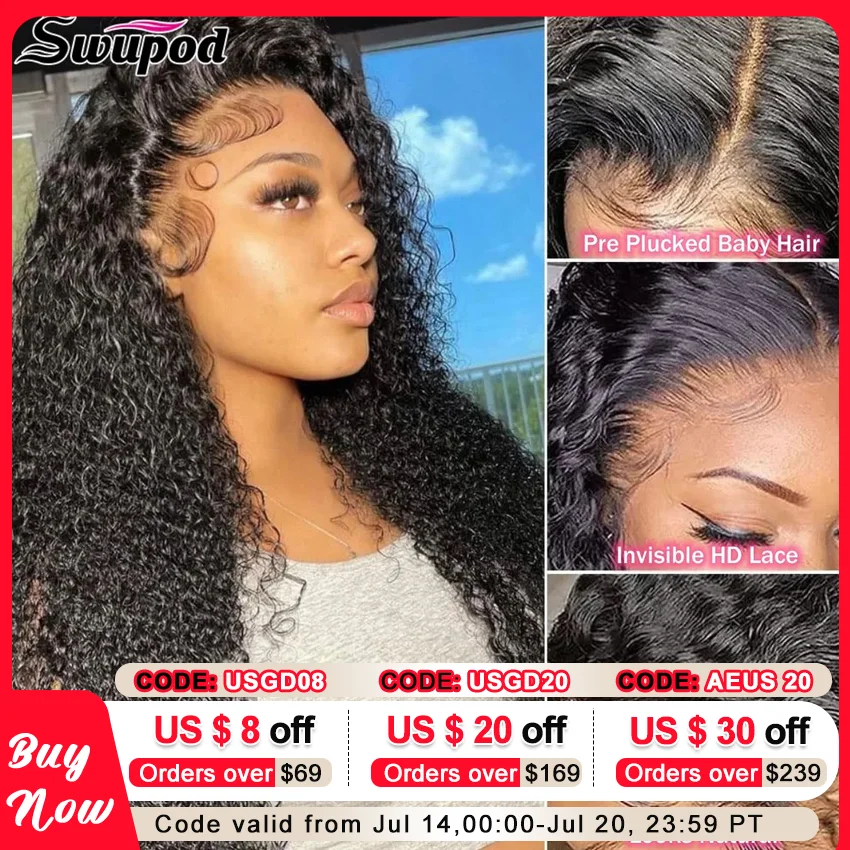 

Swupod 13x4 13x6 HD Lace Front Wig for Women Jerry Curly Remy Human Hair Natural Black Frontal Glueless Pre Plucked