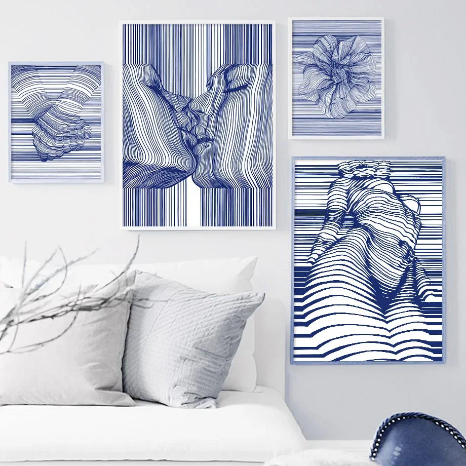 Blue Line Abstract Girl Body Kiss Flower Wall Art Canvas Painting Nordic Posters And Prints Wall Pictures For Living Room Decor