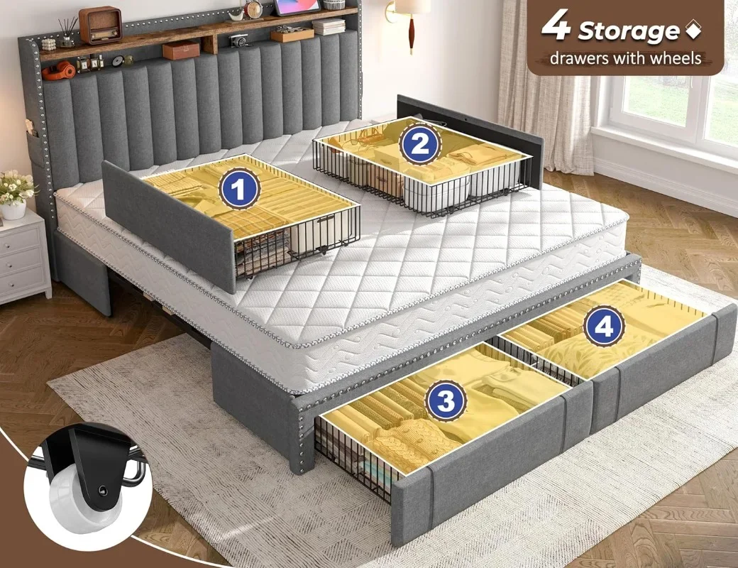 EnHomee Polsterbett mit Kingsi – King Size Bed Frame With Storage Drawers Bewertung und Preis