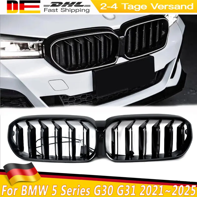 Glänzend schwarze Frontstoßstangengitter, Nieren-Racing-Grill für BMW 5er G30 G31 G38 530i 2021–2025 LCI mit LED-Leuchten, Frontgrill