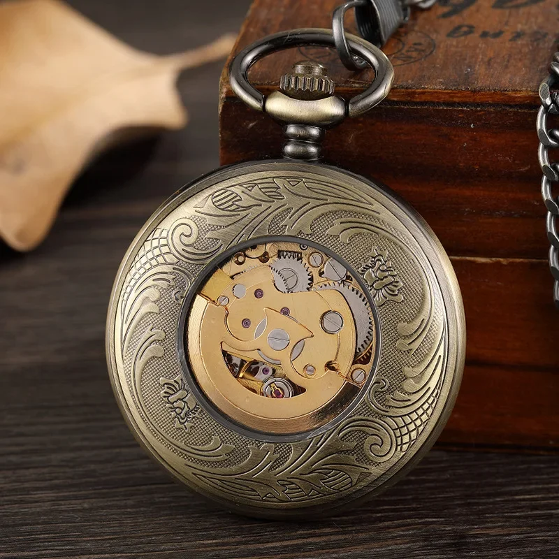 Large antique hollow smooth automatic mechanical pocket watch for men and women gift mechanical watch