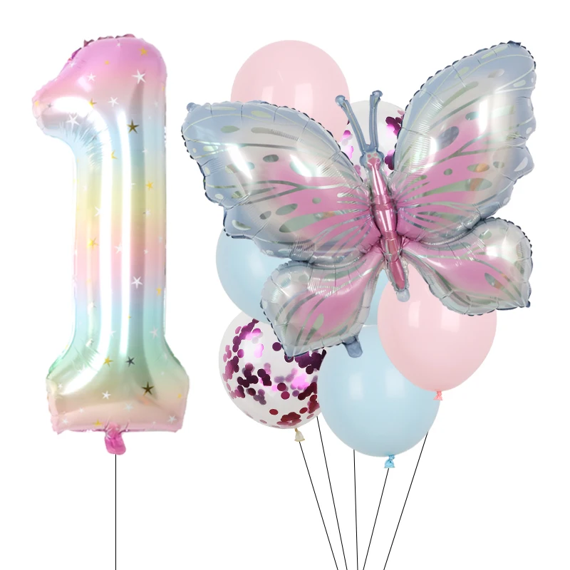 9Pcs Butterfly Balloon Birthday Decorations Set 38Inch Aluminum Foil Number Purple Butterfly Balloons for Birthday Party Decor