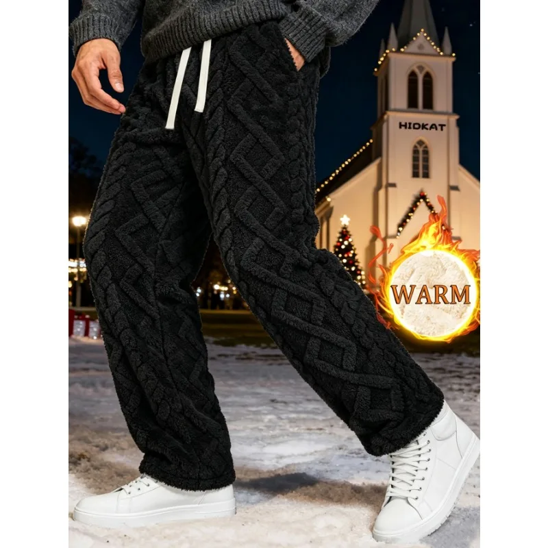 Mens High Street Winter Diamond Quilted Fleece Lined Trousers Loose Thickened Warm Thermal Casual Outdoor Outerwear Pants Men
