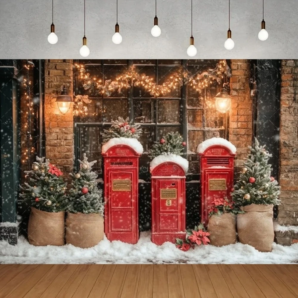 

Winter Christmas red mailbox background photography, Christmas tree children's family gathering party photography props Backdrop