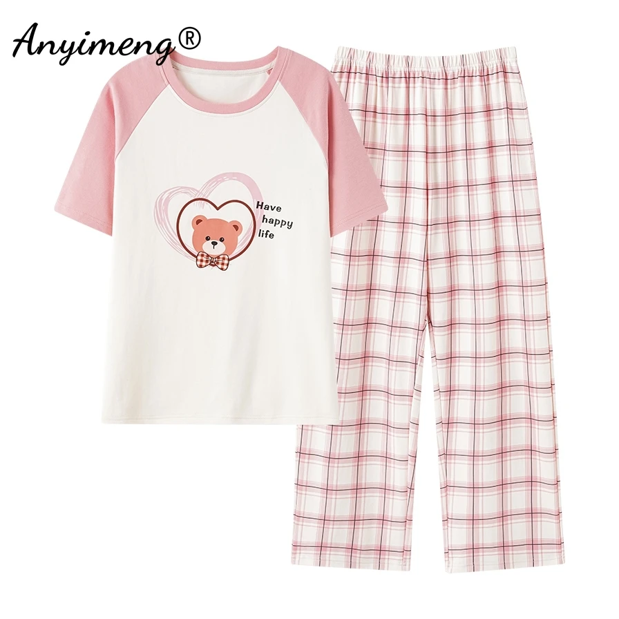 Summer Spring Autumn Short Sleeves Full Pants Nightwear Faux Cotton Girls Nightwear Cartoon Sleepwear Women Cute Animals Pajamas