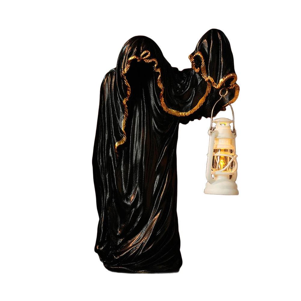 فانوس الهالوين الإبداعي يتميز بزخرفة راتينج رجل غامض أسود للديكور الاحتفالي الداخلي والخارجي #5