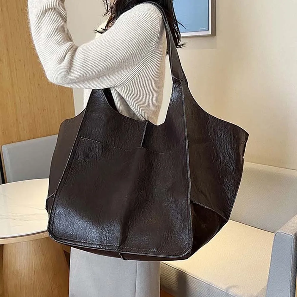 

Casual Soft PU Tote Bag Magnetic Button Multi-Pocket Large Capacity Shoulder Bag Solid Color American Style
