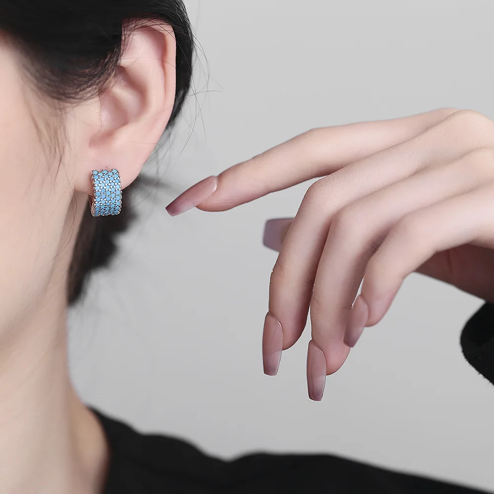925 Sterling Silver Simple Fashion Turquoise Hoop Earrings for Women Female Jewelry Wedding Party Gift Mujer