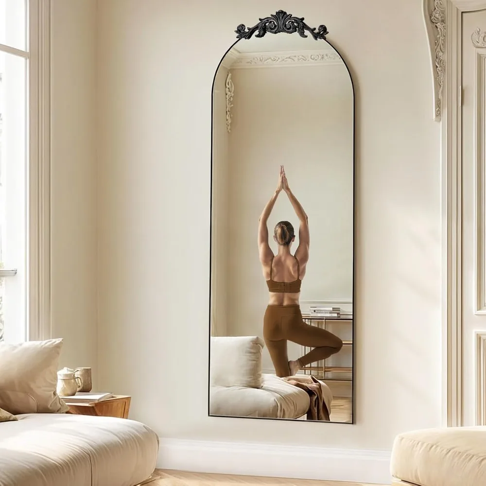 Espelho de comprimento total com arco grande estilo barroco vintage, 65x24 independente com tampo esculpido, acabamento antigo, estrutura totalmente de metal, Ful