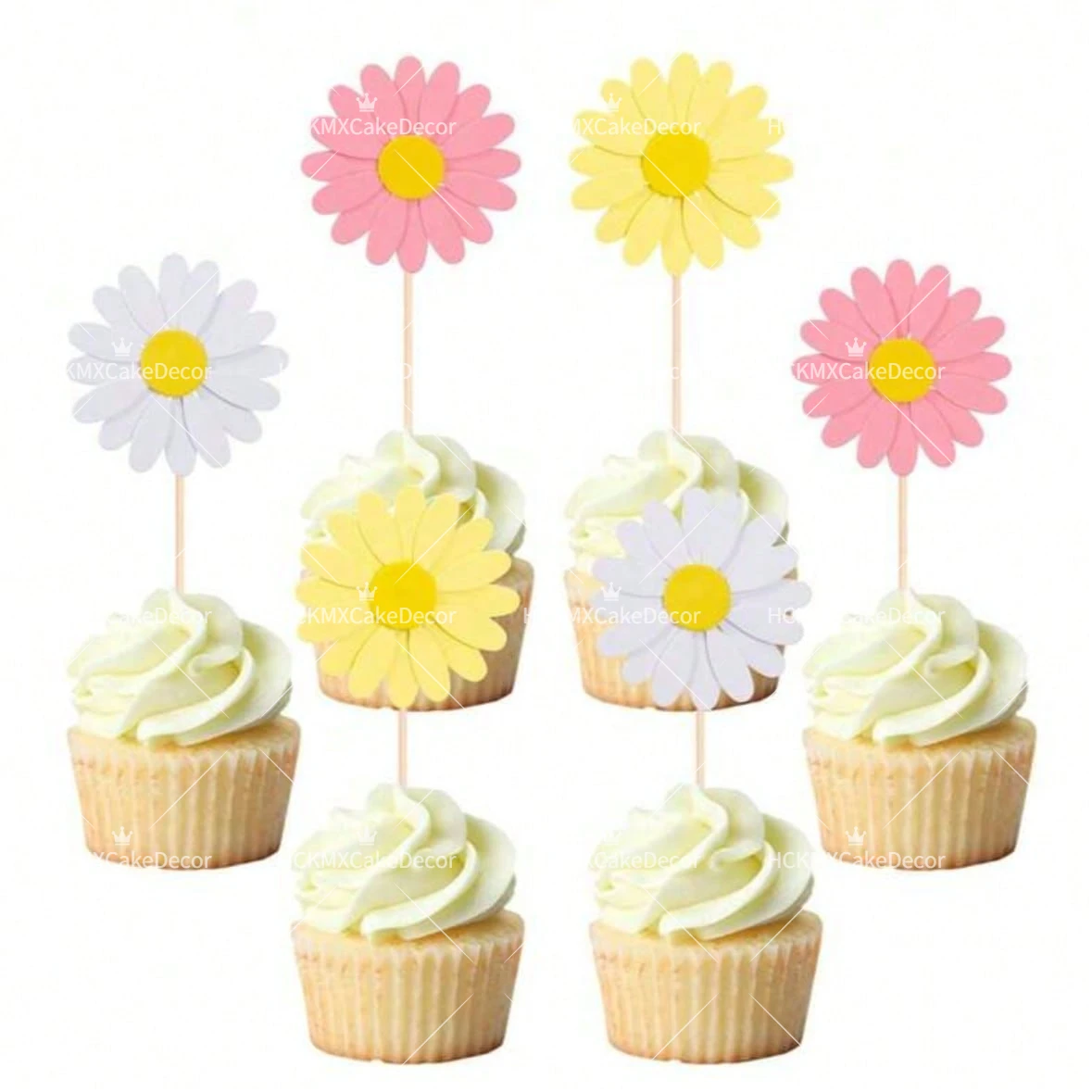5 Stück Gänseblümchen-Cupcake-Topper in Rosa, Weiß und Gelb, Gänseblümchen-Kuchendekoration für Geburtstag, Hochzeit, Party, Kuchendekorationen und Zubehör – Detail 2