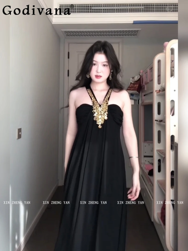 

Autumn New 2XL Temperament Bead Heavy Industry Neck Black Long Dress Women High Waist Backless Sexy Elegant Korean Dresses