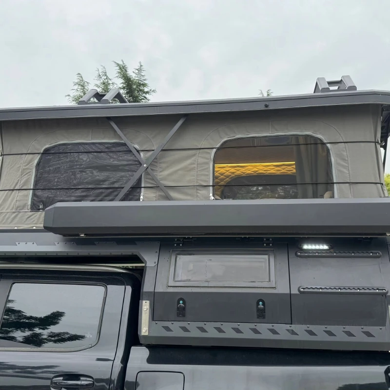 Hochwertiger, leichter Mini-Truck-Camper, Wohnmobil, Offroad-Popup-Wohnwagen mit wasserdichtem Bad, erweiterbar und mobil für Reisen
