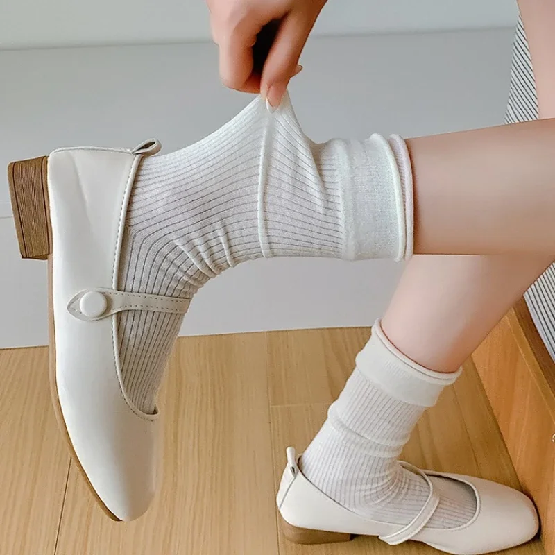 Japanese Style Women Socks Summer Thin Breathable Middle Tube Socks Color Matching Cotton Knitted School Girl Elastic Long Socks