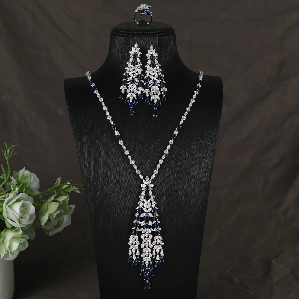 

Luxury Flower Round Geometric Leaf Tassels Cubic Zircon Engagement Dubai Naija Bridal Rings Necklace Earring Jewelry Set S513