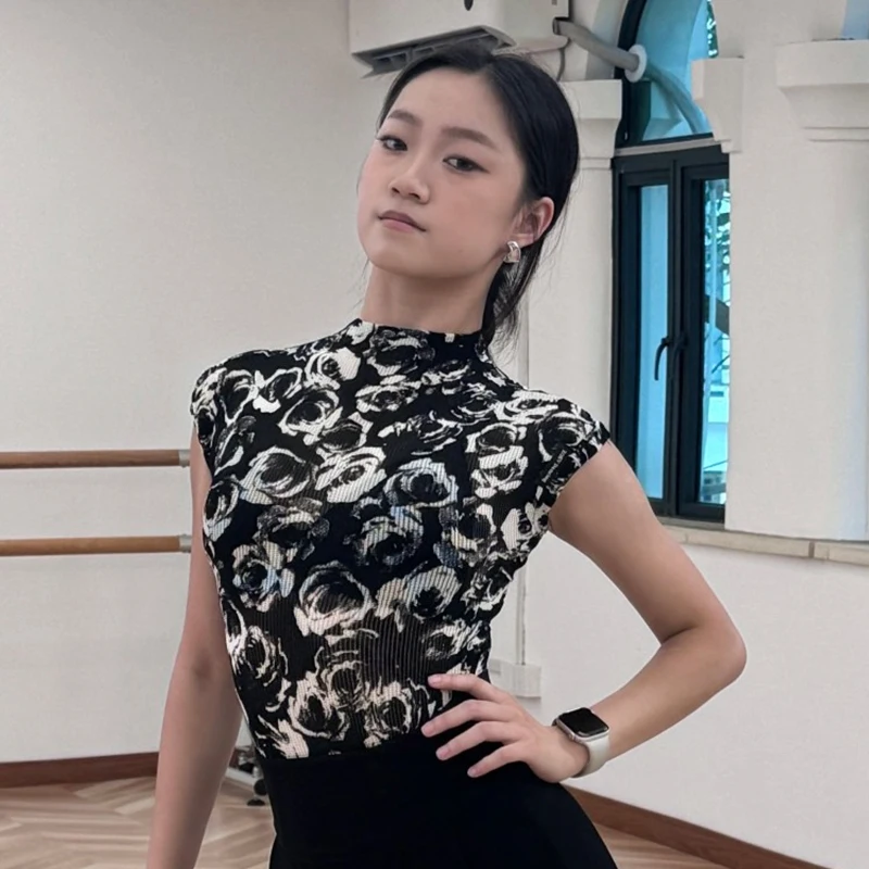 Top da ballo latino con stampa leopardata Donna Rumba Abiti da ballo da sala Estate Abbigliamento da pratica latina Club Performance Top DNV24392