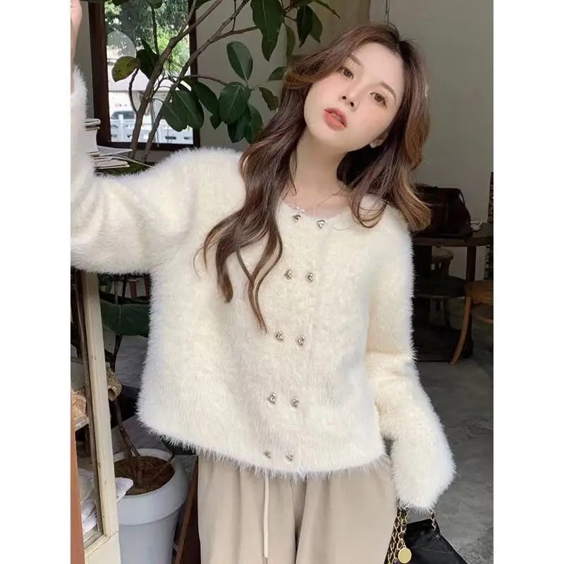 Cardigans Women Fluffy Cropped Sweaters Chic Double Breasted Retro European Style Ladies Fashion Street Aesthetic Autumn Winter