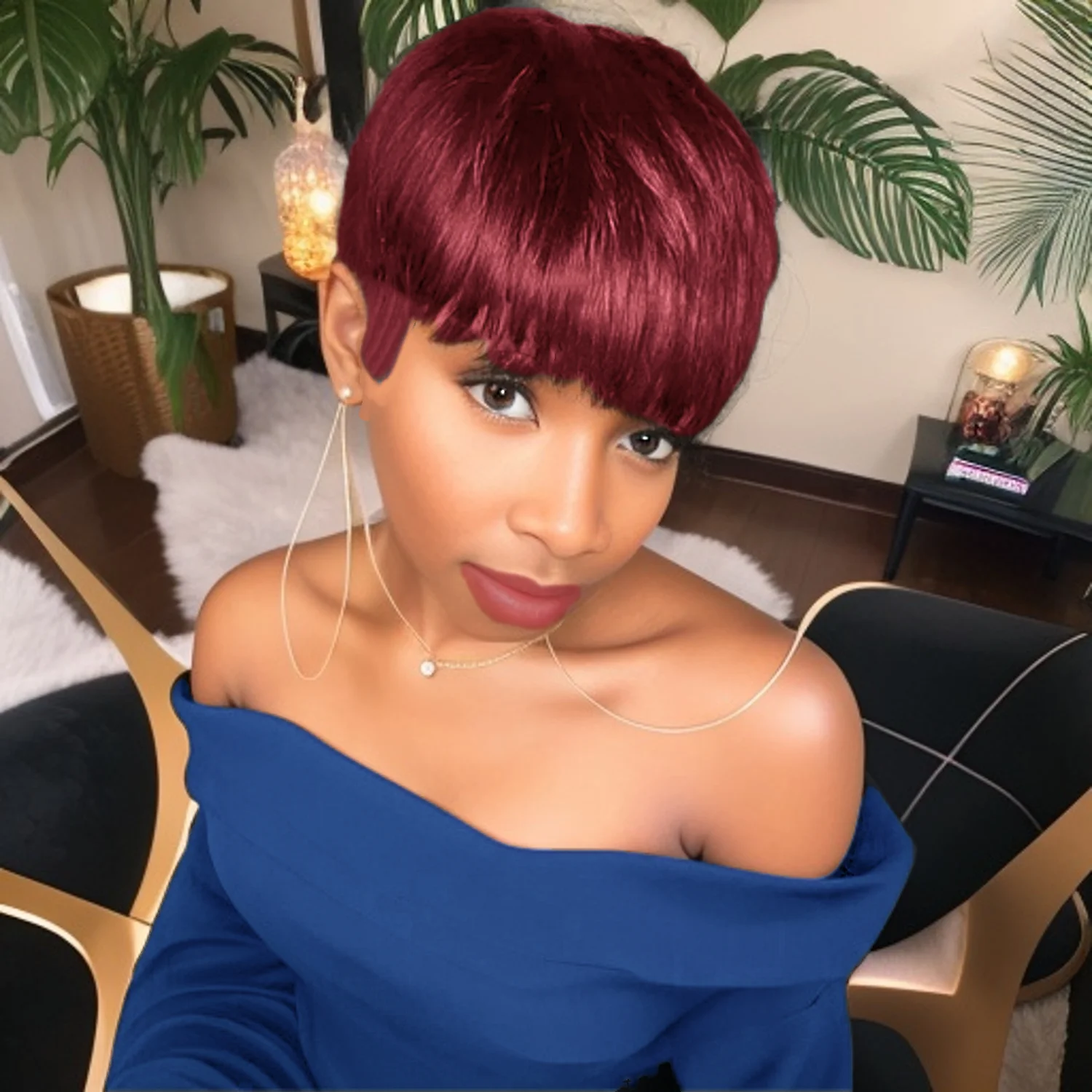 짧은 픽시 스트레이트 인모 가발 앞머리 포함 풀 머신 메이드 가발