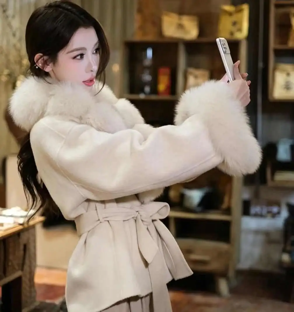 

Jxwatcher Women's Wool Blend Coat with Real Fox Fur Autumn Winter Fashion Warm Woolen Jacket New Arrival Loose Streetwear Female