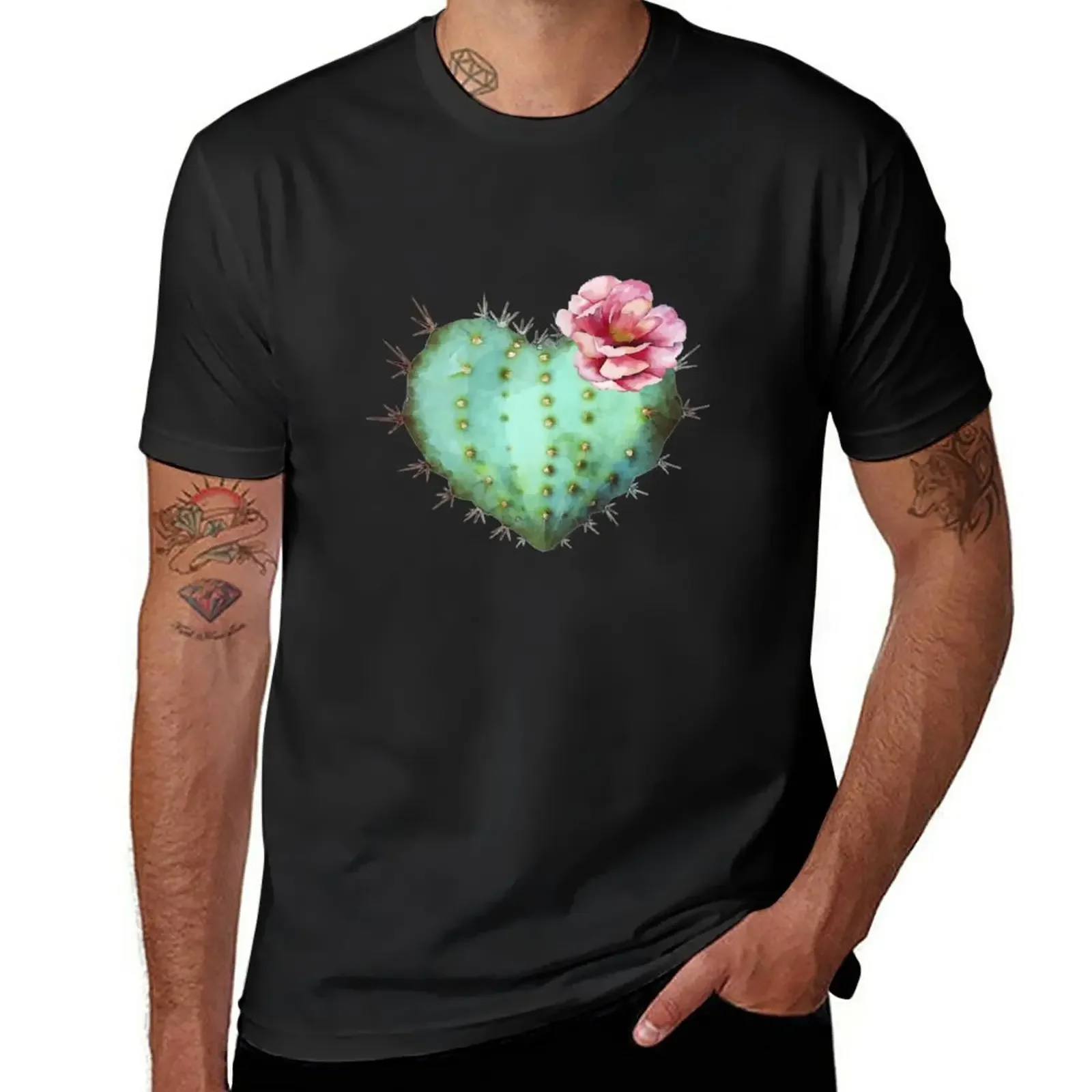 New Cactus illustration with pink flower, watercolor, cool succulent plant drawing T-Shirt summer clothes plus size men clothing