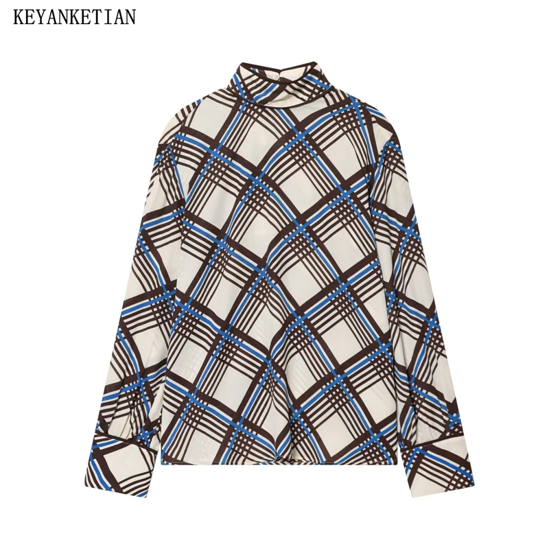 

KEYANKETIAN 2026 Spring New Women's Color Matching Argyle Pullover Shirt Mock Neck Long Sleeve Short Blouses Loose Thin Top