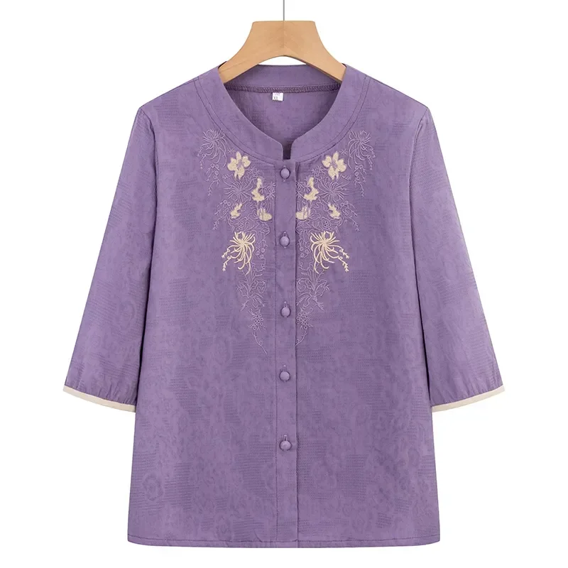 

Women's Floral Embroidery Cotton Blouse 3/4 Sleeve Casual Top for Elderly
