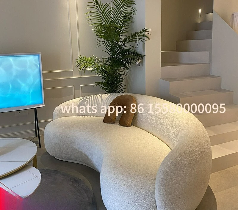 

Customizable Nordic living room small apartment technology cloth beauty salon wedding shop lounge area curved lamb fleece sofa