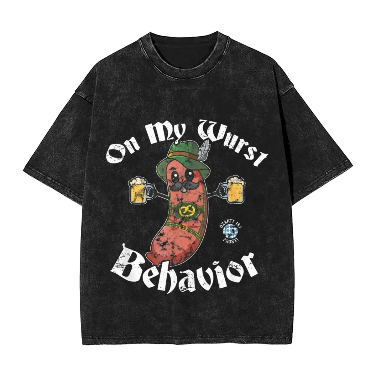 On My Wurst Behavior Washed T-Shirt Man Bratwurst Oktoberfest Vintage Cotton T-Shirts Summer O Neck Tee Shirt Oversize Clothing