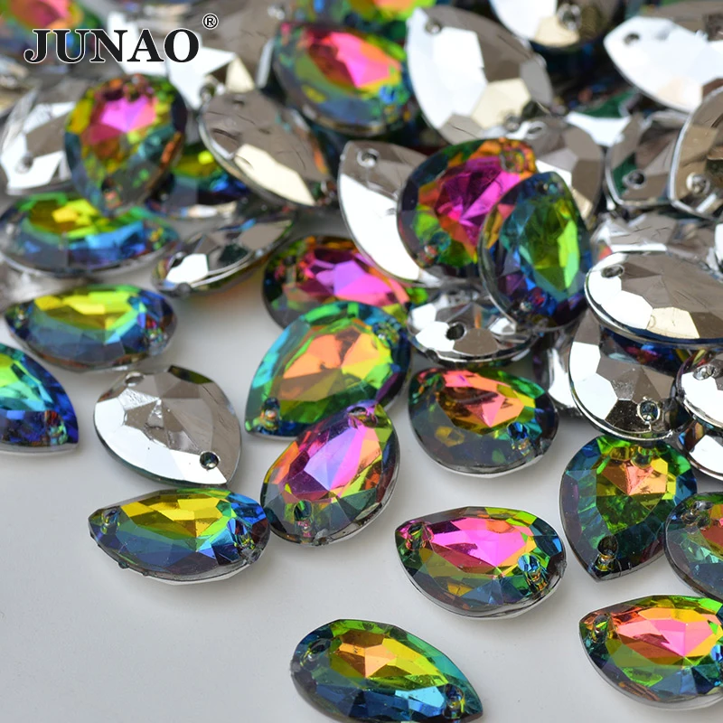 JUNAO 13*18mm 18*25mm colore arcobaleno cucito Pointback gocce strass Applique pietre di cristallo acrilico per la creazione di gioielli fai da te