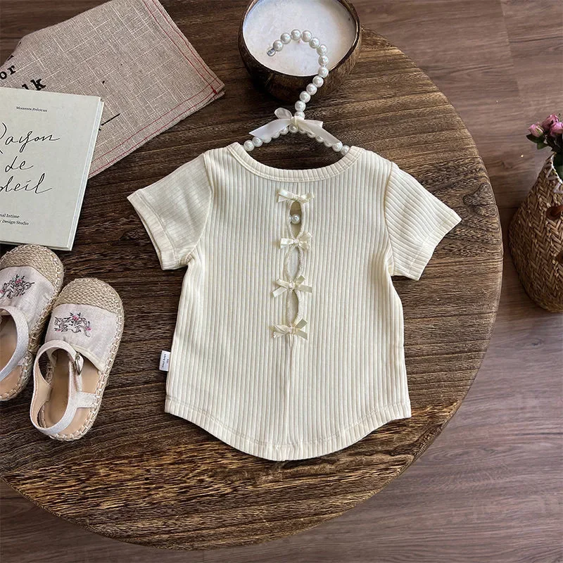 T-shirt for Kids Girl 2-7 Years Old Solid Colour Back Cutout Top Summer Baby Girls Fashionable Versatile Short-sleeved T-shirt